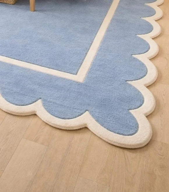 Handmade Wool Area Rug, Scalloped Edge Blue, Modern Coastal