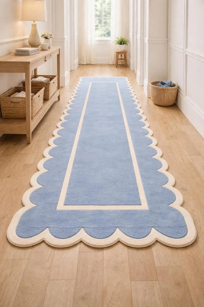 Handmade Wool Area Rug, Scalloped Edge Blue, Modern Coastal