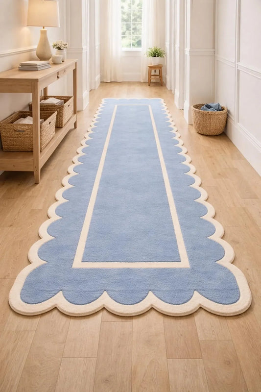 Handmade Wool Area Rug, Scalloped Edge Blue, Modern Coastal