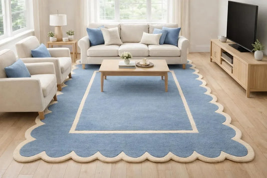 Handmade Wool Area Rug, Scalloped Edge Blue, Modern Coastal