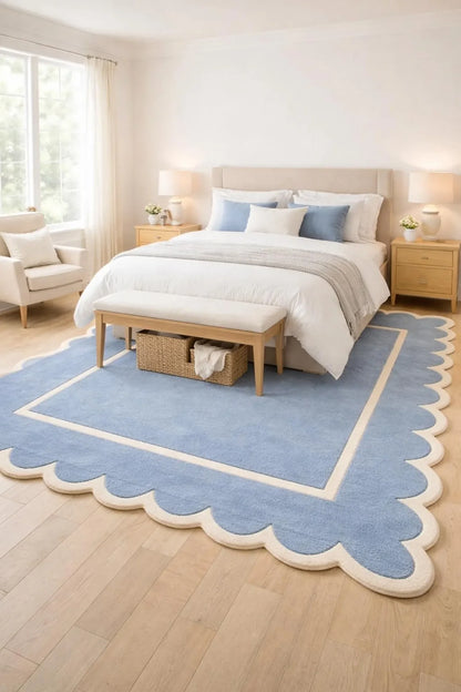 Handmade Wool Area Rug, Scalloped Edge Blue, Modern Coastal
