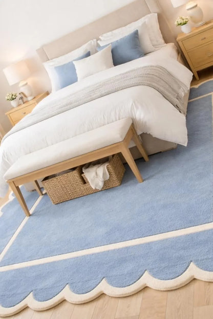 Handmade Wool Area Rug, Scalloped Edge Blue, Modern Coastal