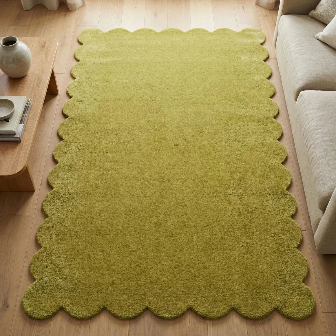 Hand Tufted Scalloped Wool Rug, Modern Solid Handmade Area Living Room Rug
